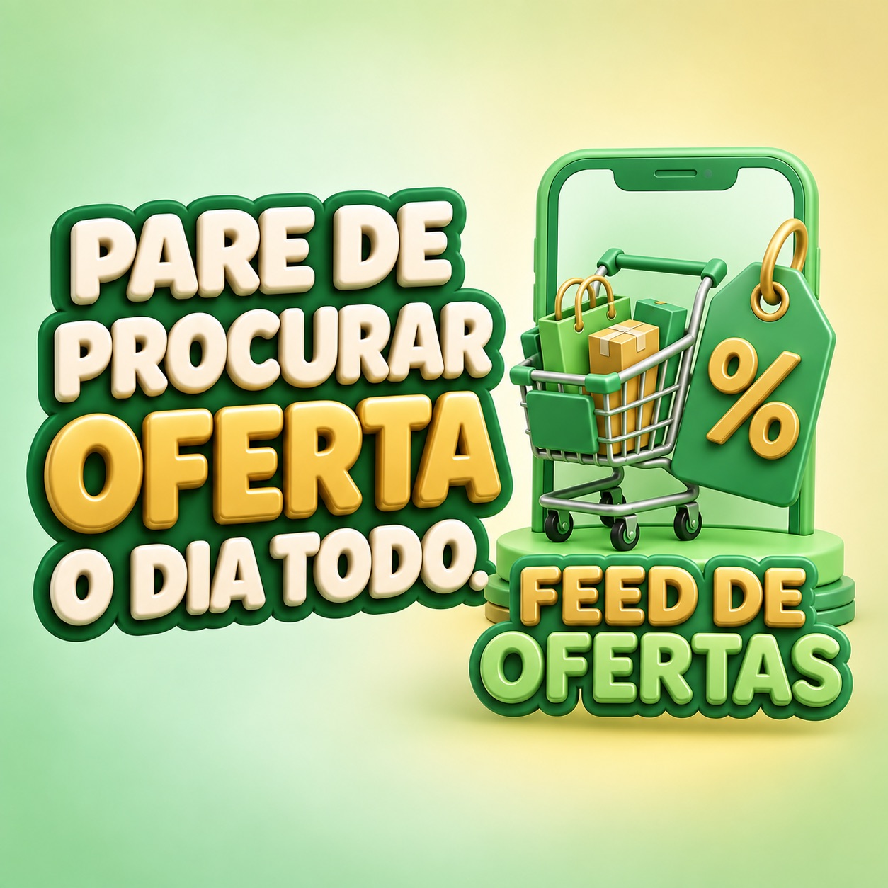 Arte do Feed de Ofertas em verde e dourado, com celular, carrinho e etiqueta de desconto.